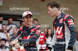 (L to R): Esteban Gutierrez (MEX) Haas F1 Team with Santino Ferrucci (USA) Haas F1 Team Development Driver at a team photograph. 23.10.2016. Formula 1 World Championship, Rd 18, United States Grand Prix, Austin, Texas, USA, Race Day.
