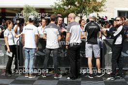 (L to R): Lewis Hamilton (GBR) Mercedes AMG F1; Romain Grosjean (FRA) Haas F1 Team; and Nico Hulkenberg (GER) Sahara Force India F1, with the media. 20.10.2016. Formula 1 World Championship, Rd 18, United States Grand Prix, Austin, Texas, USA, Preparation Day.
