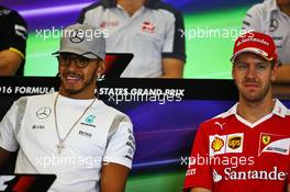 (L to R): Lewis Hamilton (GBR) Mercedes AMG F1 and Sebastian Vettel (GER) Ferrari in the FIA Press Conference. 20.10.2016. Formula 1 World Championship, Rd 18, United States Grand Prix, Austin, Texas, USA, Preparation Day.