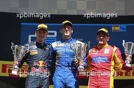 Race 2, 1st position Alex Lynn (GBR) Dams, 2nd position Pierre Gasly (FRA) PREMA Racing and 3rd position Jordan King (GBR) Racing Engineering 15.05.2016. GP2 Series, Rd 1, Barcelona, Spain, Sunday.