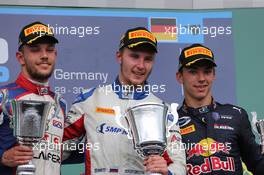 Race 1, 1st position Sergey Sirotkin (RUS) Art Grand Prix, 2nd position Luca Ghiotto (ITA) Trident and 3rd position Pierre Gasly (FRA) PREMA Racing 30.07.2016. GP2 Series, Rd 7, Hockenheim, Germany, Saturday.