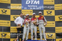 Podium: Second placed Mike Rockenfeller (GER) Audi Sport Team Phoenix, Audi RS 5 DTM; Race winner Rene Rast (GER) Audi Sport Team Rosberg, Audi RS 5 DTM and third placed Nico Muller (SUI) Audi Sport Team Abt Sportsline, Audi RS 5 DTM. 24.09.2017, DTM Round 8, Red Bull Ring Spielberg, Austria, Sunday.