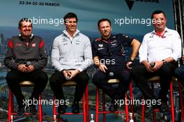 (L to R): Guenther Steiner (ITA) Haas F1 Team Prinicipal with Toto Wolff (GER) Mercedes AMG F1 Shareholder and Executive Director; Christian Horner (GBR) Red Bull Racing Team Principal; and Eric Boullier (FRA) McLaren Racing Director. 24.03.2017. Formula 1 World Championship, Rd 1, Australian Grand Prix, Albert Park, Melbourne, Australia, Practice Day.