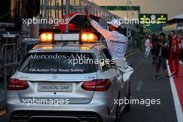 Lewis Hamilton (GBR) Mercedes AMG F1 celebrates his pole position from the FIA Medical Car. 25.03.2017. Formula 1 World Championship, Rd 1, Australian Grand Prix, Albert Park, Melbourne, Australia, Qualifying Day.