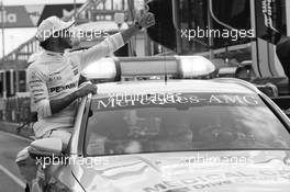 Lewis Hamilton (GBR) Mercedes AMG F1 celebrates his pole position from the FIA Medical Car. 25.03.2017. Formula 1 World Championship, Rd 1, Australian Grand Prix, Albert Park, Melbourne, Australia, Qualifying Day.