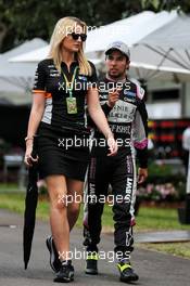 Sergio Perez (MEX) Sahara Force India F1 with Victoria Helyar (GBR) Sahara Force India F1 Team. 25.03.2017. Formula 1 World Championship, Rd 1, Australian Grand Prix, Albert Park, Melbourne, Australia, Qualifying Day.