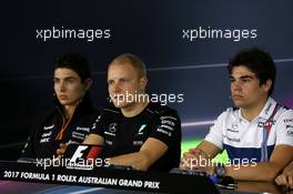 (L to R): Esteban Ocon (FRA) Sahara Force India F1 Team; Valtteri Bottas (FIN) Mercedes AMG F1; and Lance Stroll (CDN) Williams, in the FIA Press Conference. 23.03.2017. Formula 1 World Championship, Rd 1, Australian Grand Prix, Albert Park, Melbourne, Australia, Preparation Day.