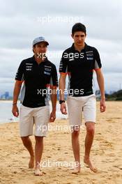 (L to R): Sergio Perez (MEX) Sahara Force India F1and team mate Esteban Ocon (FRA) Sahara Force India F1 Team on Brighton Beach. 22.03.2017. Formula 1 World Championship, Rd 1, Australian Grand Prix, Albert Park, Melbourne, Australia, Preparation Day.