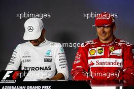 (L to R): Lewis Hamilton (GBR) Mercedes AMG F1 and Kimi Raikkonen (FIN) Ferrari in the post qualifying FIA Press Conference. 24.06.2017. Formula 1 World Championship, Rd 8, Azerbaijan Grand Prix, Baku Street Circuit, Azerbaijan, Qualifying Day.