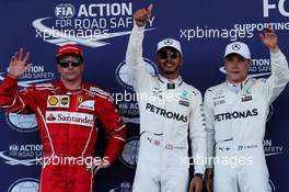 Qualifying top three in parc ferme (L to R): Kimi Raikkonen (FIN) Ferrari, third; Lewis Hamilton (GBR) Mercedes AMG F1, pole position; Valtteri Bottas (FIN) Mercedes AMG F1, second. 24.06.2017. Formula 1 World Championship, Rd 8, Azerbaijan Grand Prix, Baku Street Circuit, Azerbaijan, Qualifying Day.