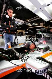 Sergio Perez (MEX) Sahara Force India F1 VJM10 with team mate Esteban Ocon (FRA) Sahara Force India F1 Team. 27.02.2017. Formula One Testing, Day One, Barcelona, Spain. Monday.