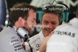 James Allison (GBR) Mercedes AMG F1 Technical Director (Centre) with Bradley Lord (GBR) Mercedes AMG F1 Communications Manager (Left). 07.03.2017. Formula One Testing, Day One, Barcelona, Spain. Tuesday.