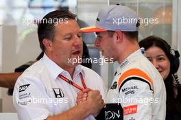 (L to R): Zak Brown (USA) McLaren Executive Director with Stoffel Vandoorne (BEL) McLaren. 25.08.2017. Formula 1 World Championship, Rd 12, Belgian Grand Prix, Spa Francorchamps, Belgium, Practice Day.