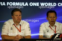 (L to R): Zak Brown (USA) McLaren Executive Director and Yusuke Hasegawa (JPN) Head of Honda F1 Programme in the FIA Press Conference. 25.08.2017. Formula 1 World Championship, Rd 12, Belgian Grand Prix, Spa Francorchamps, Belgium, Practice Day.