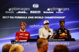 The post race FIA Press Conference (L to R): Sebastian Vettel (GER) Ferrari, second; Lewis Hamilton (GBR) Mercedes AMG F1, race winner; Daniel Ricciardo (AUS) Red Bull Racing, third. 27.08.2017. Formula 1 World Championship, Rd 12, Belgian Grand Prix, Spa Francorchamps, Belgium, Race Day.