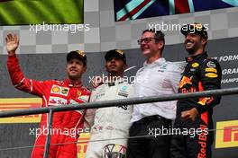 The podium (L to R): Sebastian Vettel (GER) Ferrari, second; Lewis Hamilton (GBR) Mercedes AMG F1, race winner; Daniel Ricciardo (AUS) Red Bull Racing, third. 27.08.2017. Formula 1 World Championship, Rd 12, Belgian Grand Prix, Spa Francorchamps, Belgium, Race Day.