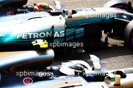 Lewis Hamilton (GBR) Mercedes AMG F1 W08 and Valtteri Bottas (FIN) Mercedes AMG F1 W08 in qualifying parc ferme. 26.08.2017. Formula 1 World Championship, Rd 12, Belgian Grand Prix, Spa Francorchamps, Belgium, Qualifying Day.