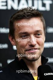 Jolyon Palmer (GBR) Renault Sport F1 Team with the media. 24.08.2017. Formula 1 World Championship, Rd 12, Belgian Grand Prix, Spa Francorchamps, Belgium, Preparation Day.