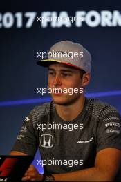 Stoffel Vandoorne (BEL) McLaren in the FIA Press Conference. 24.08.2017. Formula 1 World Championship, Rd 12, Belgian Grand Prix, Spa Francorchamps, Belgium, Preparation Day.