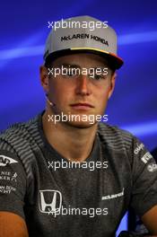 Stoffel Vandoorne (BEL) McLaren in the FIA Press Conference. 24.08.2017. Formula 1 World Championship, Rd 12, Belgian Grand Prix, Spa Francorchamps, Belgium, Preparation Day.