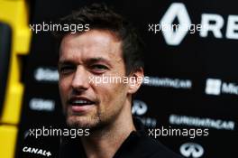 Jolyon Palmer (GBR) Renault Sport F1 Team with the media. 24.08.2017. Formula 1 World Championship, Rd 12, Belgian Grand Prix, Spa Francorchamps, Belgium, Preparation Day.