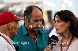 (L to R): Niki Lauda (AUT) Mercedes Non-Executive Chairman with Gerhard Berger (AUT) and Tanja Bauer (GER) Sky Sports Germany. 16.04.2017. Formula 1 World Championship, Rd 3, Bahrain Grand Prix, Sakhir, Bahrain, Race Day.