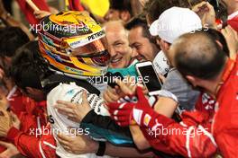 Lewis Hamilton (GBR) Mercedes AMG F1 celebrates his second position in parc ferme. 16.04.2017. Formula 1 World Championship, Rd 3, Bahrain Grand Prix, Sakhir, Bahrain, Race Day.