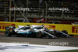 Lewis Hamilton (GBR) Mercedes AMG F1 W08 passes team mate Valtteri Bottas (FIN) Mercedes AMG F1 W08. 16.04.2017. Formula 1 World Championship, Rd 3, Bahrain Grand Prix, Sakhir, Bahrain, Race Day.