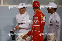 Pole for Valtteri Bottas (FIN) Mercedes AMG F1 W08, 2nd for Lewis Hamilton (GBR) Mercedes AMG F1 W08 and 3rd for Sebastian Vettel (GER) Ferrari SF70H. 15.04.2017. Formula 1 World Championship, Rd 3, Bahrain Grand Prix, Sakhir, Bahrain, Qualifying Day.