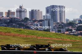 Nico Hulkenberg (GER) Renault Sport F1 Team RS17 leads team mate Carlos Sainz Jr (ESP) Renault Sport F1 Team RS17. 10.11.2017. Formula 1 World Championship, Rd 19, Brazilian Grand Prix, Sao Paulo, Brazil, Practice Day.