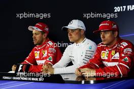 The post qualifying FIA Press Conference (L to R): Sebastian Vettel (GER) Ferrari, second; Valtteri Bottas (FIN) Mercedes AMG F1, pole position; Kimi Raikkonen (FIN) Ferrari, third. 11.11.2017. Formula 1 World Championship, Rd 19, Brazilian Grand Prix, Sao Paulo, Brazil, Qualifying Day.