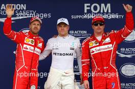 Qualifying top three in parc ferme (L to R): Sebastian Vettel (GER) Ferrari, second; Valtteri Bottas (FIN) Mercedes AMG F1, pole position; Kimi Raikkonen (FIN) Ferrari, third.  11.11.2017. Formula 1 World Championship, Rd 19, Brazilian Grand Prix, Sao Paulo, Brazil, Qualifying Day.