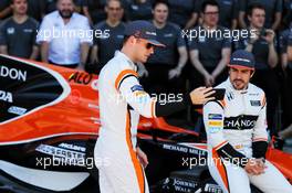 (L to R): Stoffel Vandoorne (BEL) McLaren with team mate Fernando Alonso (ESP) McLaren at a team photograph. 12.11.2017. Formula 1 World Championship, Rd 19, Brazilian Grand Prix, Sao Paulo, Brazil, Race Day.
