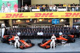 (L to R): Fernando Alonso (ESP) McLaren and team mate Stoffel Vandoorne (BEL) McLaren at a team photograph. 12.11.2017. Formula 1 World Championship, Rd 19, Brazilian Grand Prix, Sao Paulo, Brazil, Race Day.