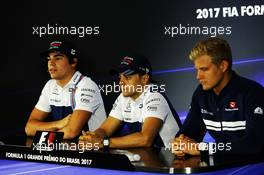 (L to R): Lance Stroll (CDN) Williams; Felipe Massa (BRA) Williams; and Marcus Ericsson (SWE) Sauber F1 Team, in the FIA Press Conference. 09.11.2017. Formula 1 World Championship, Rd 19, Brazilian Grand Prix, Sao Paulo, Brazil, Preparation Day.