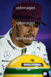 Lewis Hamilton (GBR) Mercedes AMG F1 in the FIA Press Conference with the helmet of Ayrton Senna, presented to him after equalling the number of pole positions set by the Brazilian. 10.06.2017. Formula 1 World Championship, Rd 7, Canadian Grand Prix, Montreal, Canada, Qualifying Day.