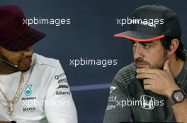 (L to R): Lewis Hamilton (GBR) Mercedes AMG F1 and Fernando Alonso (ESP) McLaren in the FIA Press Conference. 08.06.2017. Formula 1 World Championship, Rd 7, Canadian Grand Prix, Montreal, Canada, Preparation Day.