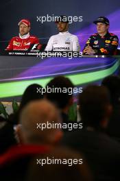 The post race FIA Press Conference (L to R): Sebastian Vettel (GER) Ferrari; Lewis Hamilton (GBR) Mercedes AMG F1; Max Verstappen (NLD) Red Bull Racing. 09.04.2017. Formula 1 World Championship, Rd 2, Chinese Grand Prix, Shanghai, China, Race Day.