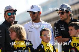 (L to R): Fernando Alonso (ESP) McLaren with Lewis Hamilton (GBR) Mercedes AMG F1 and Sergio Perez (MEX) Sahara Force India F1. 11.05.2017. Formula 1 World Championship, Rd 5, Spanish Grand Prix, Barcelona, Spain, Preparation Day.