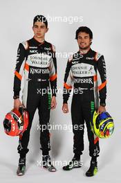 (L to R): Esteban Ocon (FRA) Sahara Force India F1 Team with team mate Sergio Perez (MEX) Sahara Force India F1. 20.02.2017. Sahara Force India F1 Team Studio Shoot, Silverstone, England.