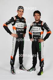 (L to R): Esteban Ocon (FRA) Sahara Force India F1 Team with team mate Sergio Perez (MEX) Sahara Force India F1. 20.02.2017. Sahara Force India F1 Team Studio Shoot, Silverstone, England.