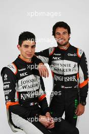 (L to R): Esteban Ocon (FRA) Sahara Force India F1 Team with team mate Sergio Perez (MEX) Sahara Force India F1. 20.02.2017. Sahara Force India F1 Team Studio Shoot, Silverstone, England.