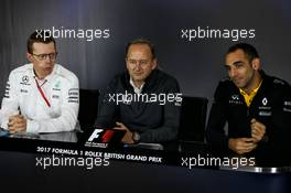 The FIA Press Conference (L to R): Andy Cowell (GBR) Mercedes-Benz High Performance Powertrains Managing Director; Jonathan Neale (GBR) McLaren Chief Operating Officer; Cyril Abiteboul (FRA) Renault Sport F1 Managing Director. 14.07.2017. Formula 1 World Championship, Rd 10, British Grand Prix, Silverstone, England, Practice Day.
