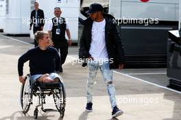 Lewis Hamilton (GBR) Mercedes AMG F1 with Billy Monger (GBR) Racing Driver. 14.07.2017. Formula 1 World Championship, Rd 10, British Grand Prix, Silverstone, England, Practice Day.