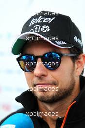 Sergio Perez (MEX) Sahara Force India F1 with the media. 14.07.2017. Formula 1 World Championship, Rd 10, British Grand Prix, Silverstone, England, Practice Day.