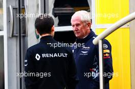 Dr Helmut Marko (AUT) Red Bull Motorsport Consultant with Remi Taffin (FRA) Renault Sport F1 Engine Technical Director. 14.07.2017. Formula 1 World Championship, Rd 10, British Grand Prix, Silverstone, England, Practice Day.