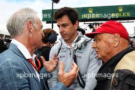 (L to R): Toto Wolff (GER) Mercedes AMG F1 Shareholder and Executive Director and Niki Lauda (AUT) Mercedes Non-Executive Chairman on the grid. 16.07.2017. Formula 1 World Championship, Rd 10, British Grand Prix, Silverstone, England, Race Day.