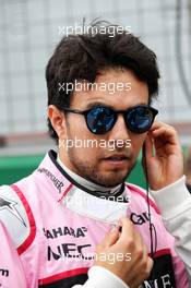 Sergio Perez (MEX) Sahara Force India F1 on the grid. 16.07.2017. Formula 1 World Championship, Rd 10, British Grand Prix, Silverstone, England, Race Day.