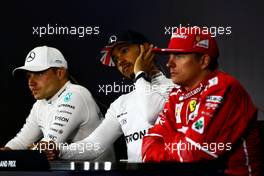 The post race FIA Press Conference (L to R): Valtteri Bottas (FIN) Mercedes AMG F1, second; Lewis Hamilton (GBR) Mercedes AMG F1, race winner; Kimi Raikkonen (FIN) Ferrari, third. 16.07.2017. Formula 1 World Championship, Rd 10, British Grand Prix, Silverstone, England, Race Day.