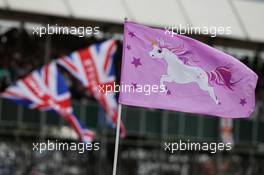 A pink unicotrn flag. 16.07.2017. Formula 1 World Championship, Rd 10, British Grand Prix, Silverstone, England, Race Day.